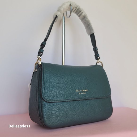 KATE SPADE Hudson Pebbled Leather Medium Flap Convertible Shoulder Bag-Artesian⭐ - Picture 3 of 16